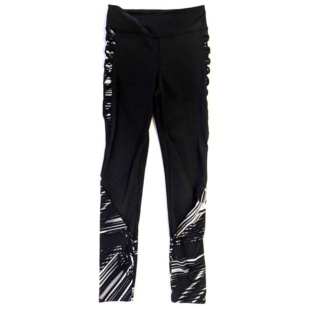 BSP Womens Black Lattice Cutout Active Leggings Brushstroke Print Medium